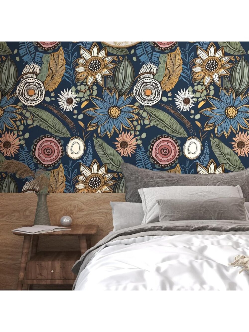Blue Boho Peel and Stick Wallpaper - Vintage Floral Self-Adhesive Decor 17.5” x - Picture 6 of 6